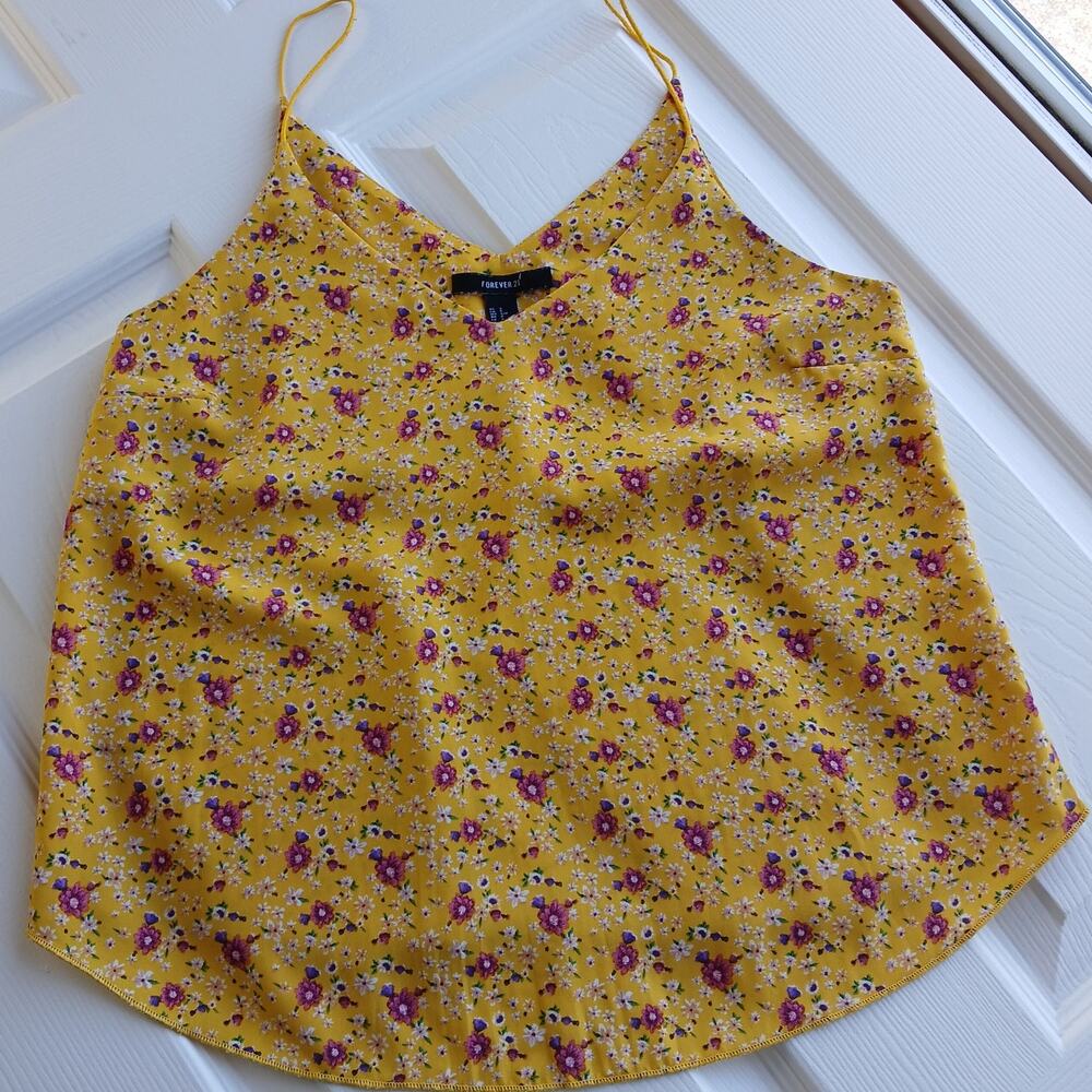 Forever 21 Spaghetti Strap Cami Tank Top Small yellow pink floral pattern V-neck - Picture 3 of 11